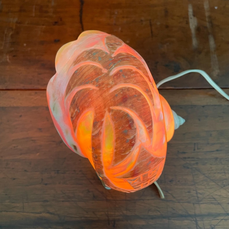 May include: A vintage, illuminated seashell lamp. The lamp is made of translucent orange and yellow glass, with carved details. The lamp has a white cord and is set against a dark wood surface.