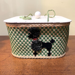 Vintage Wicker Sewing Basket Poodle Square Green with Lid by Princess 1950s