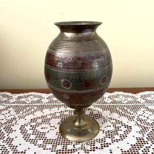 Vintage Etched and Enamel Brass Vase 9-1/4" Pedestal and Wide Body India
