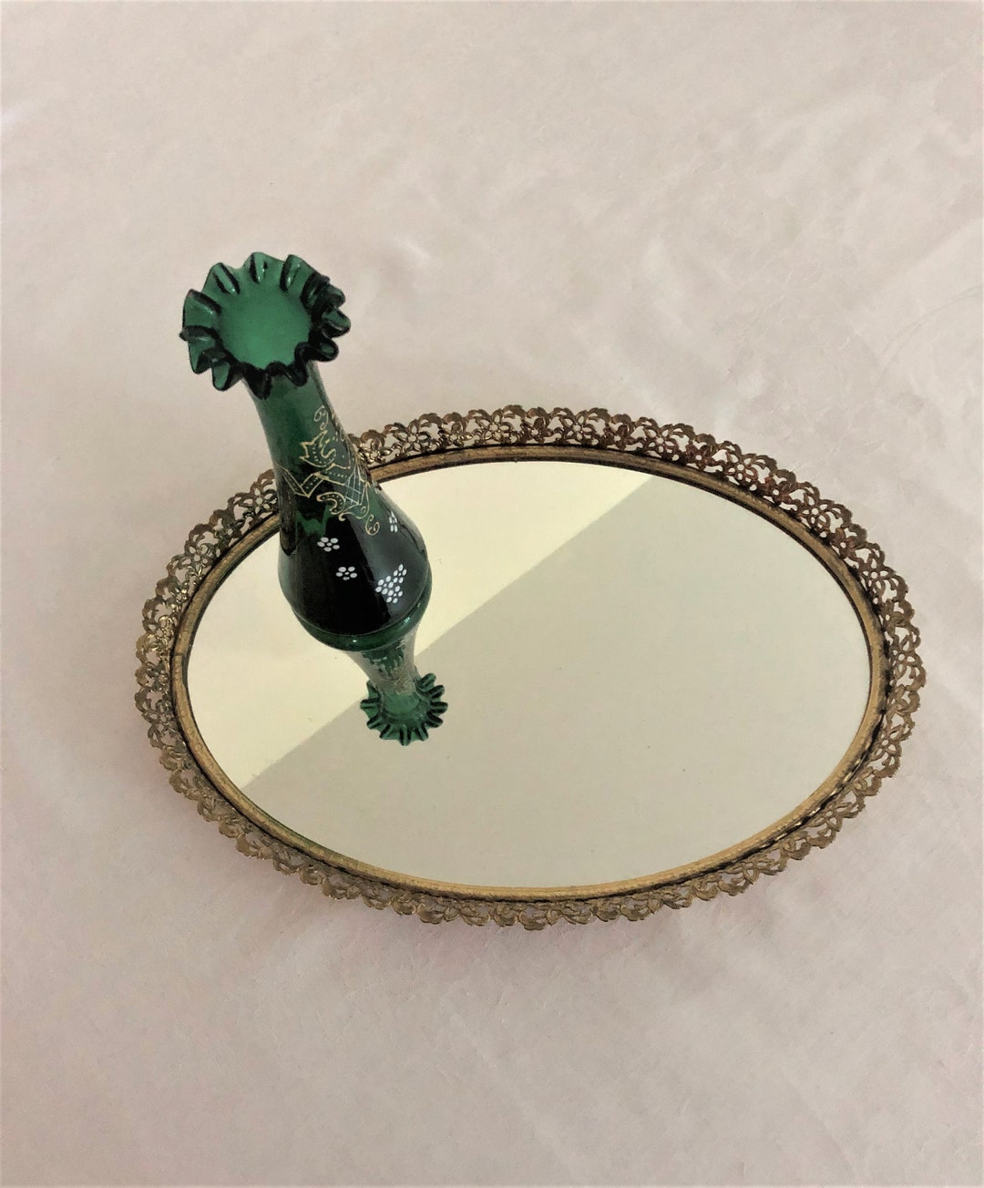 Vintage Brass Filigree Dresser Mirror Tray Oval Etsy