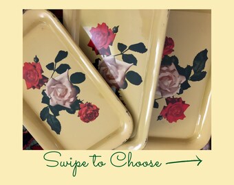 Vintage Yellow Lap Serving Tray Tin  Metal TV 60s Roses 9" x14" CHOICE