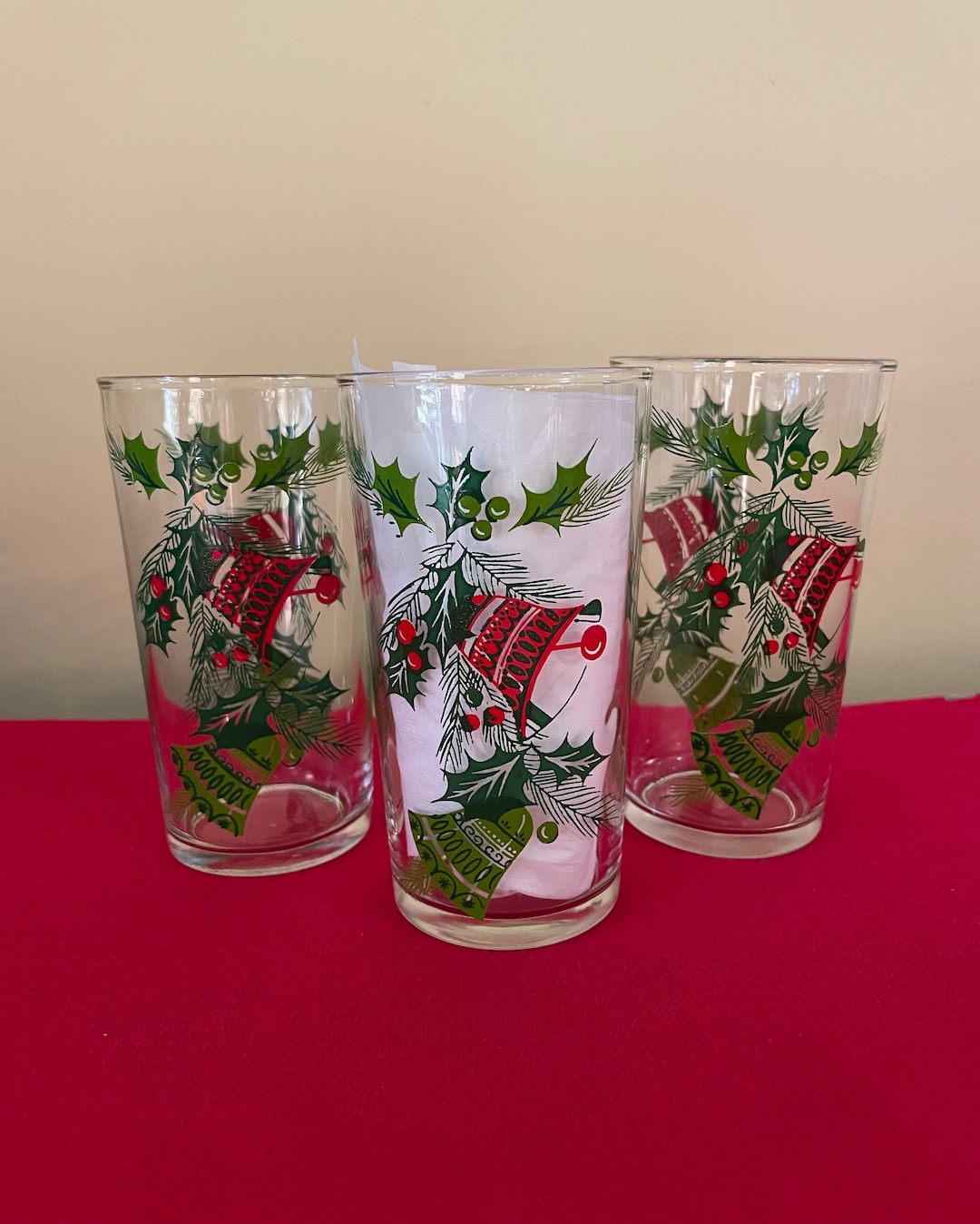 3 Vintage Christmas Drinking Glasses 1960s Red Green Bells and Etsy