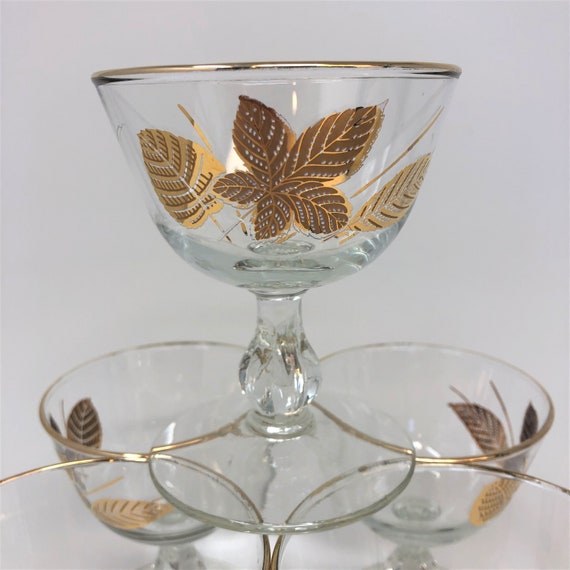 5 Vintage Glasses Gold Leaves Pedestal 60s Barware Martini or Etsy