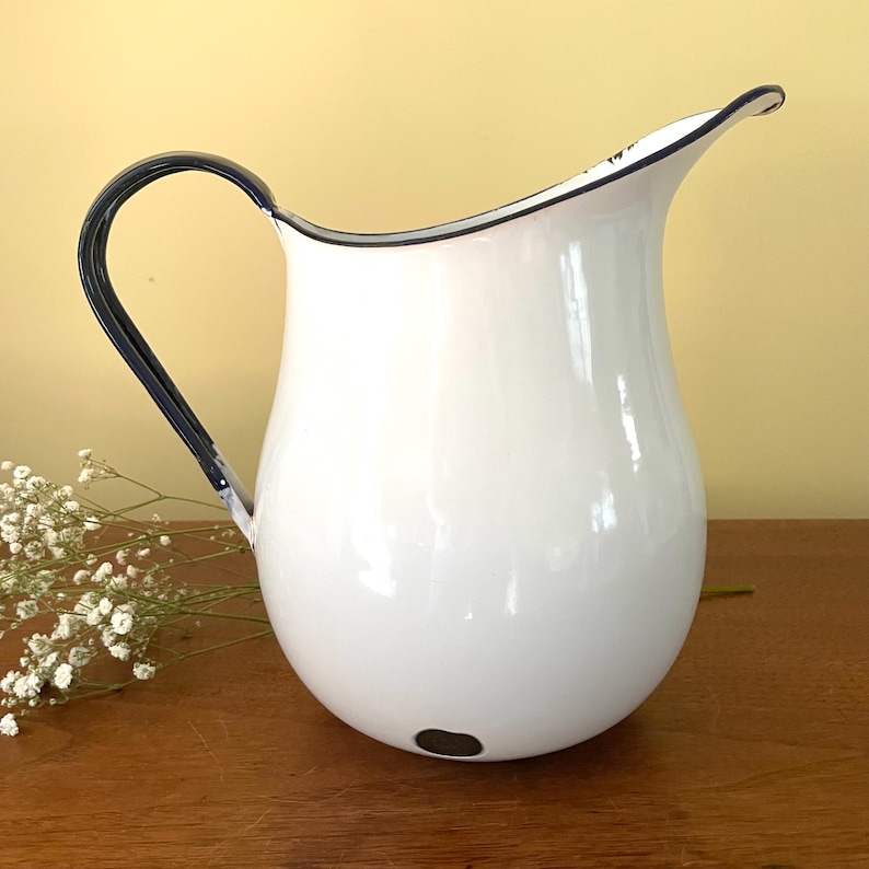 Antique Rockingham Pitcher Vintage Water Pitcher Large Porcelain Enamel White W/blue Trim - Etsy