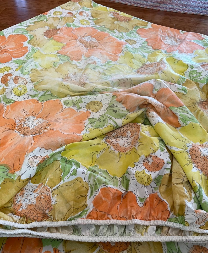Vintage 70s Orange Yellow Queen Bed Sheet Set Poly Cotton Etsy