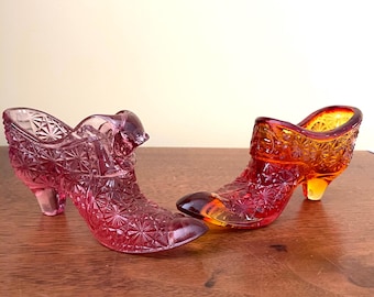 Vintage Glass Slipper Choice of Amberina and Cranberry Fenton Shoe