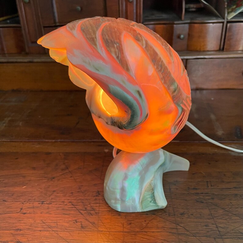 Vintage Turbo Shell Boudoir Lamp Mother of Pearl Turban Carved Palm Tree 7-1/2" image 13