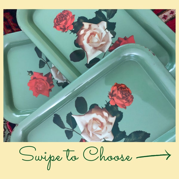 Vintage Green Lap Serving Tin Tray Metal TV 60s Roses 9" x14" CHOICE