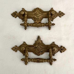 2 Antique Victorian Drawer Pulls with Drop Bail Ornate Solid Brass