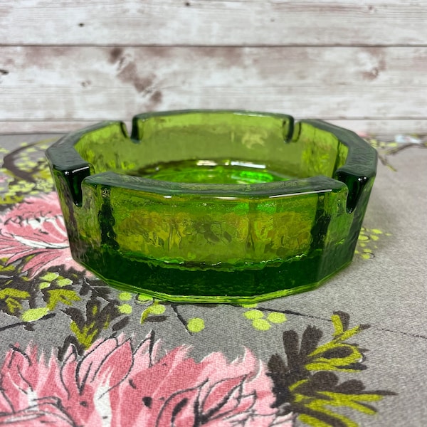 Vintage Blenko 6" Pebbled Glass Ashtray Green 1960s or 1970s Maybe Green Optic Heavy