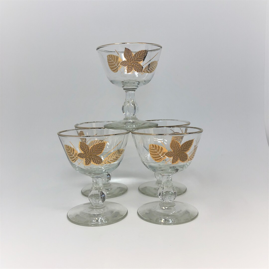 5 Vintage Glasses Gold Leaves Pedestal 60s Barware Martini or Parfait