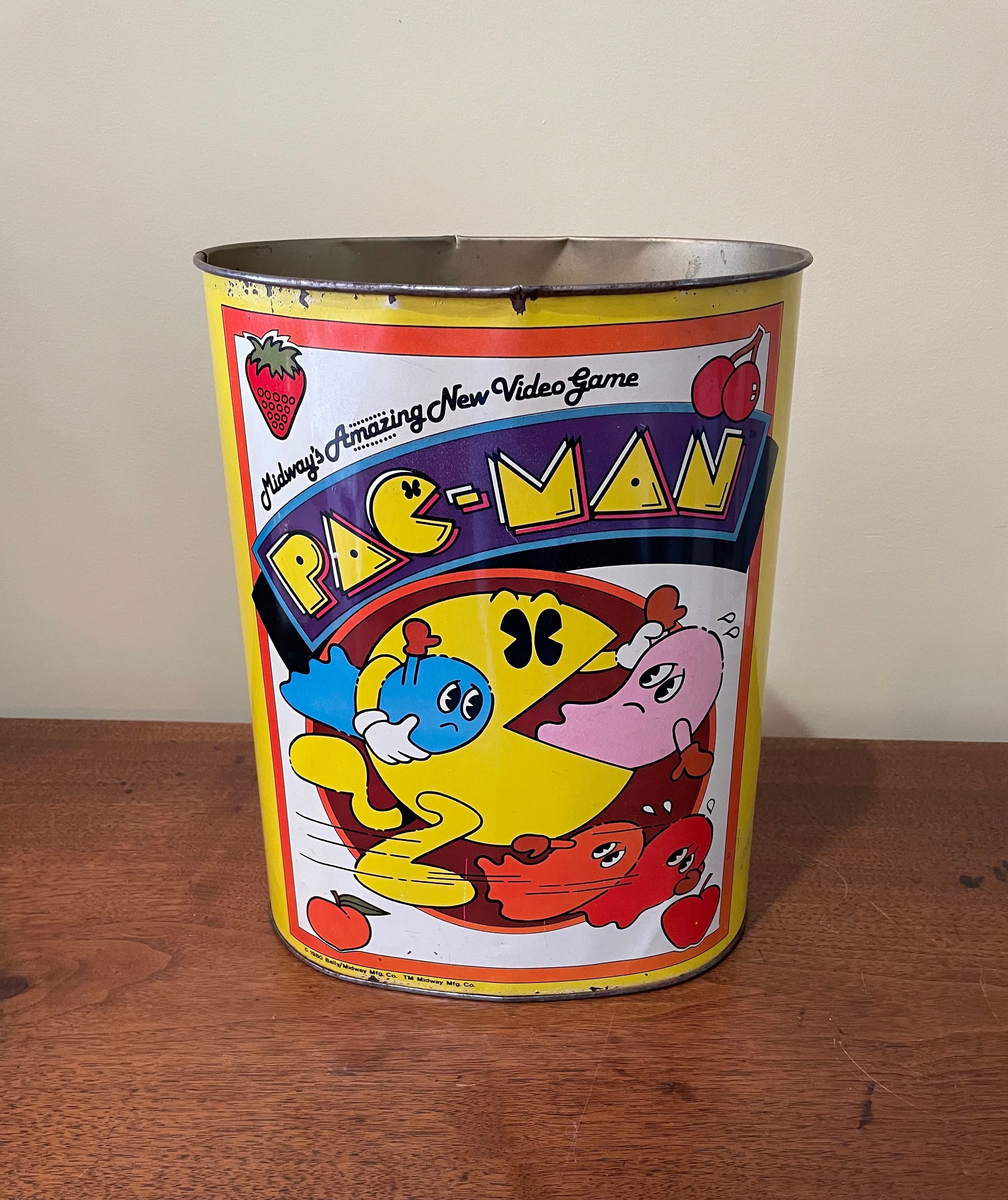 Vintage Pac Man Metal Waste Basket Trash Can Chein Co Tin 1980