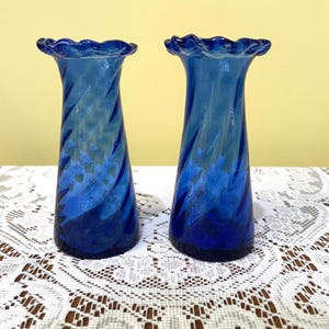 2 Vintage Handblown Cobalt Blue Glass Vases 4-1/2"