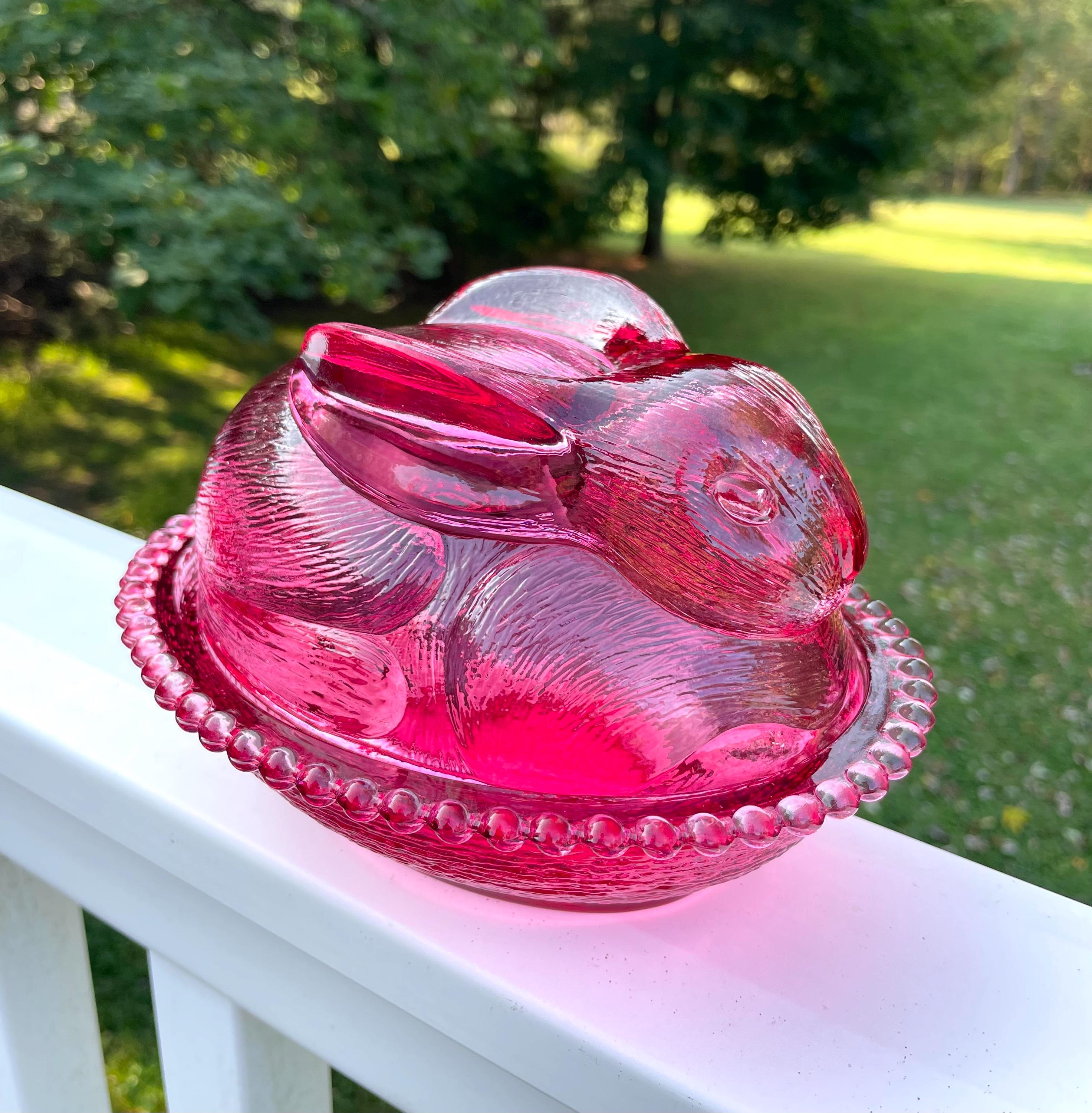Vintage Cranberry Glass Bunny Rabbit on Nest Indiana Glass Pink