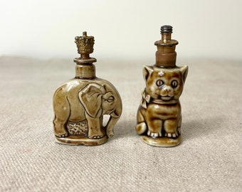 Antique Schafer & Vater Figural Perfume Bottles Elephant Cat Brass Crown Top Vintage 1930