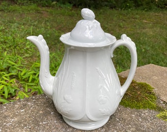 Antique Ironstone White Coffee Pot J Clementson Hanley Stoneware 10" Vintage 1860