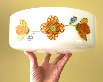 Vintage 1960s Ceiling Light Glass Fixture Orange Yellow Patchwork Flowers