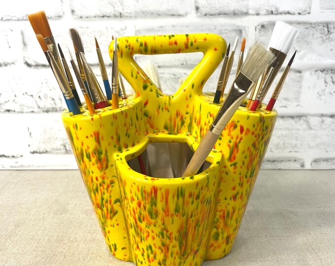 Vintage 1980s Paint Brush Caddy Yellow Hand Painted Splatter Artist Container Etsy