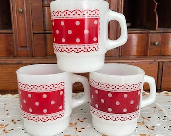Three Vintage Fire King Red Polka Dot Milk Glass Coffee Cups