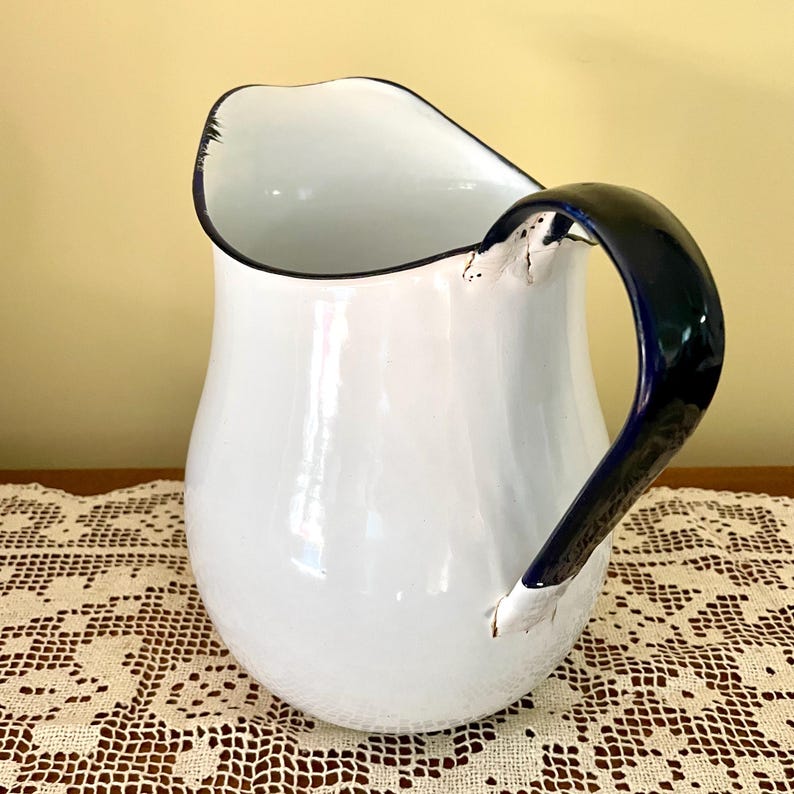 Antique Rockingham Pitcher Vintage Water Pitcher Large Porcelain Enamel White W/blue Trim - Etsy