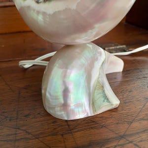 Vintage Turbo Shell Boudoir Lamp Mother of Pearl Turban Carved Palm Tree 7-1/2" image 6