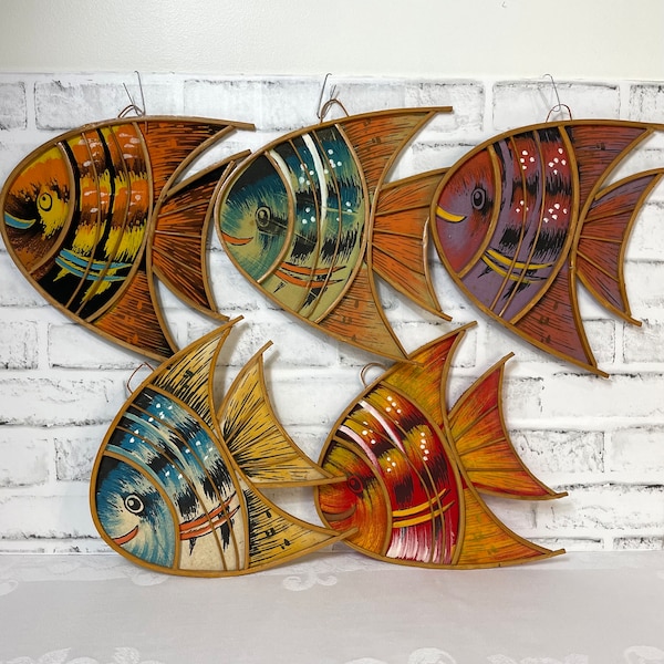 5 Vintage Rattan and Painted Fabric Fish Wall Decor Retro Beach Decor