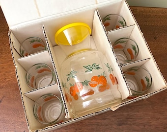 Vintage Federal Glass Orange Juice Carafe with Six Glasses in Box NOS