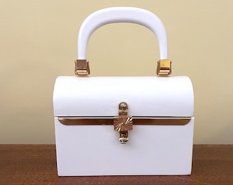 Vintage Purse 1960s White Hard Plastic Handbag Small Brass Latch Made in Italy by Morle