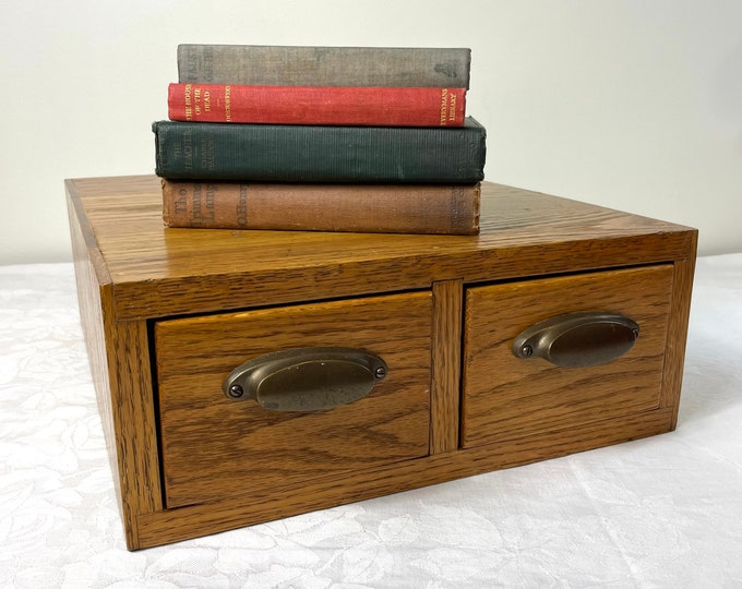 Vintage 2 Drawer Wooden Card Catalog Box Library Brass Handles Etsy