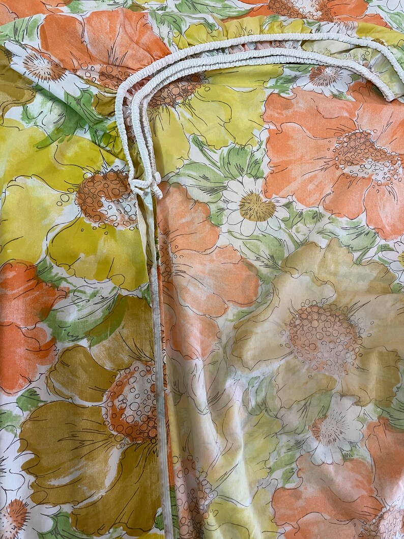 Vintage 70s Orange Yellow Queen Bed Sheet Set Poly Cotton Etsy