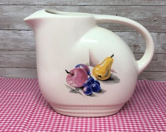 Vintage 1950s Farmhouse Pottery Pitcher Knowles Utility Ware Ice Lip Ceramic Apple Pear Plum Grapes