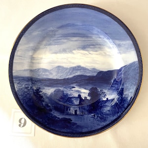 May include: A round, blue and white decorative plate with a landscape scene. The plate features a mountain range, trees, and a building. The rim has a gold trim and a dark blue border. A small white tag with the number 9 is visible.