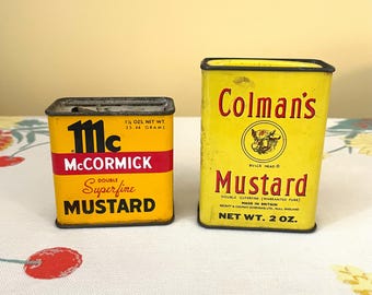 2 Vintage Metal Spice Tin Container Mustard McCormicks Colmans Yellow