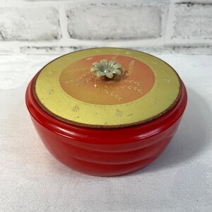 Vintage 1940s Glass and Plastic Powder Puff Dresser Box Red Gold Flower Lid