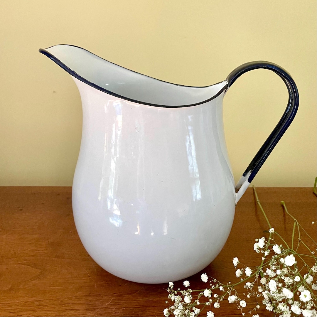 Antique Rockingham Pitcher Vintage Water Pitcher Large Porcelain Enamel White W/blue Trim - Etsy