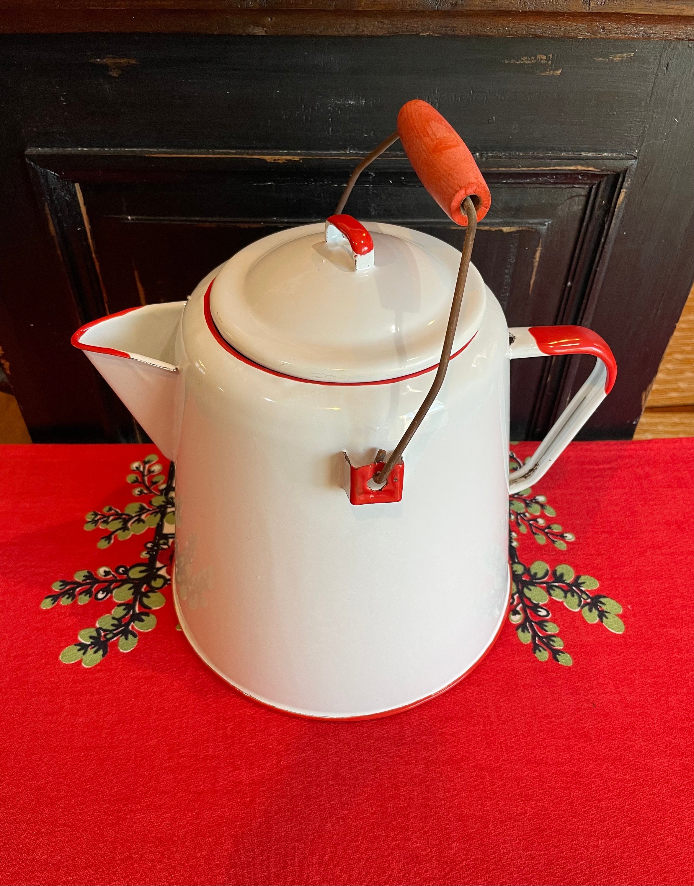 Vintage Enamel Enamelware Kettle Farmhouse White Red Enamelware