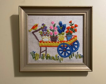 Vintage 1970s Crewel Work Framed Completed Flower Cart Yellow Orange