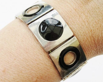 Silver And Black Bracelet Mod Retro Sixties Style Geometric Modernist Cuff