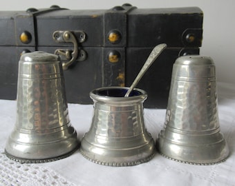 Hammered Pewter Condiment Set Hand Planished Made In Sheffield Salt Pepper Shakers Mustard Pot