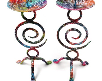 Hand Painted Candlesticks Bright Graffiti Style Eclectic Colourful Candle Holders