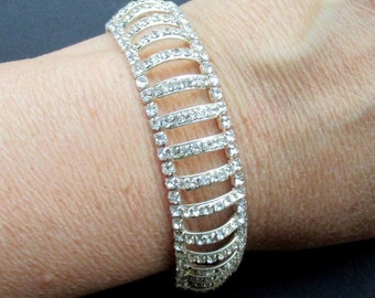 Silver Rhinestone Bracelet Art Deco Style Ladder Effect Cuff