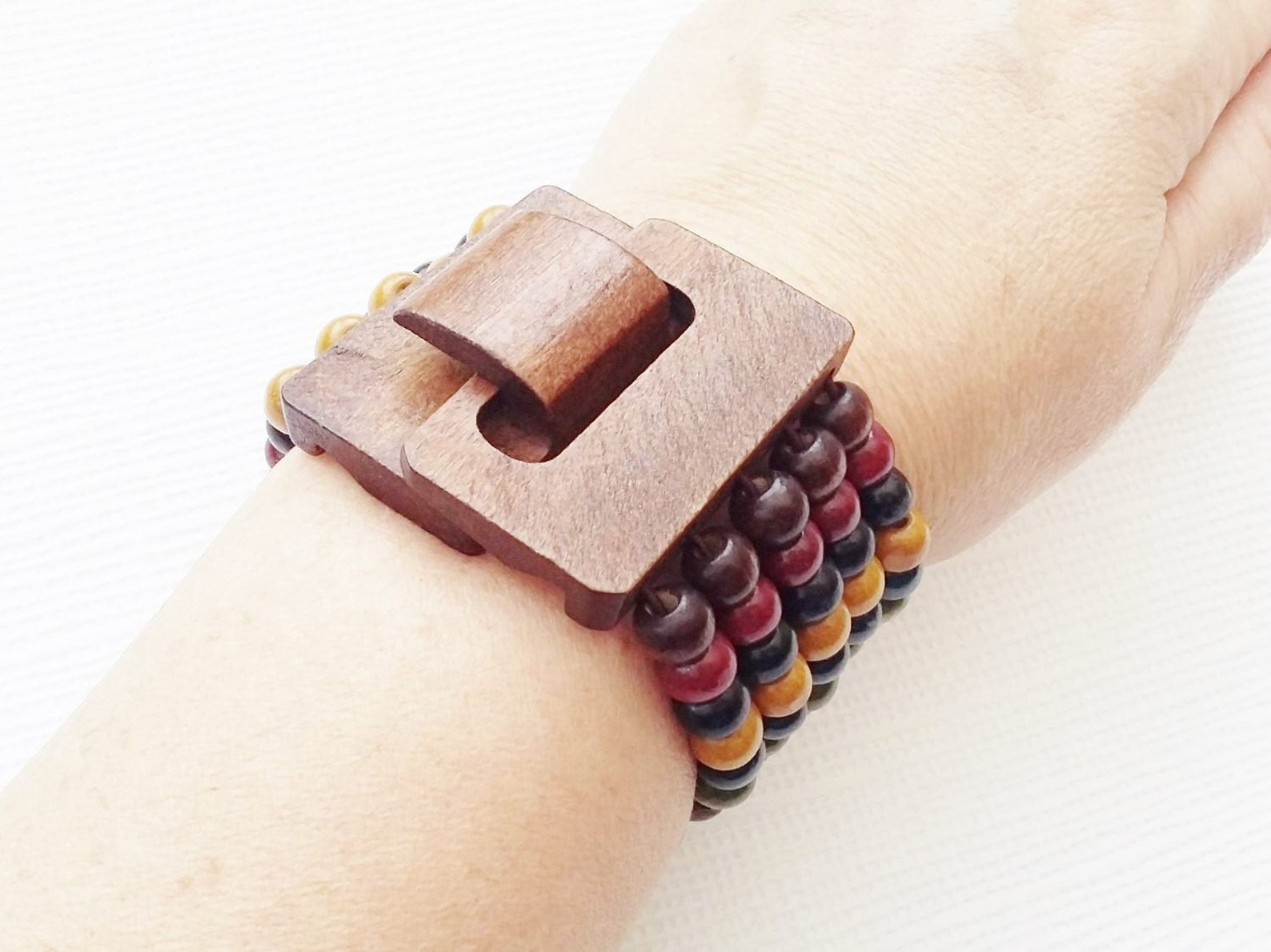 Wooden Buckle Bracelet Multicolour Feature Clasp Beaded Wood Etsy