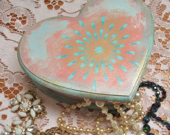 Hand Painted Jewellery Box Turquoise Pink Shabby Style Trinket Container