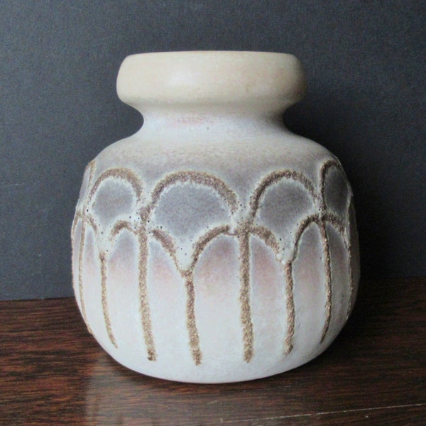 Studio Pottery Vase Mid Century Fat Lava Beige Grey Geometric MCM