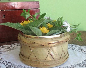 Wine Bottle Coaster or Small Planter Woven Rattan Green & Gold Hand Painted