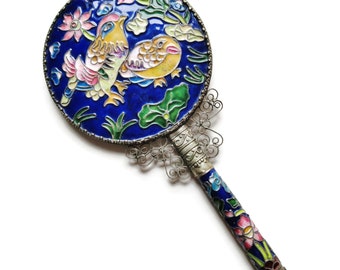 Cloisonné Floral Hand Mirror Vintage Oriental Enameled Birds & Flowers With Scroll Filigree Work