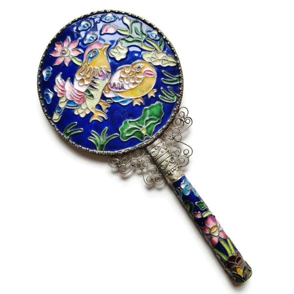 Cloisonné Floral Hand Mirror Vintage Oriental Enameled Birds & Flowers With Scroll Filigree Work