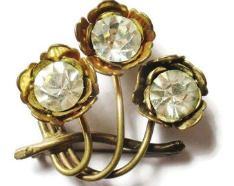 Gold Tone Flower Brooch With Large Silver Rhinestones Mid Century Vintage