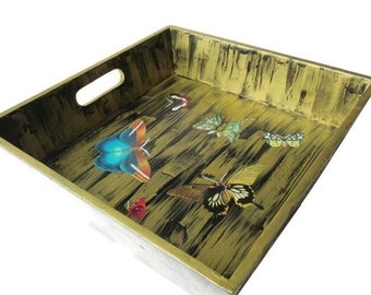 Gold Butterfly Tray Hand Painted crackle Effect With Decoupage Butterflies Unique Boho