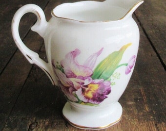 Bone China Milk Jug Creamer Orchid Design by Salisbury Purple Green Floral Pattern